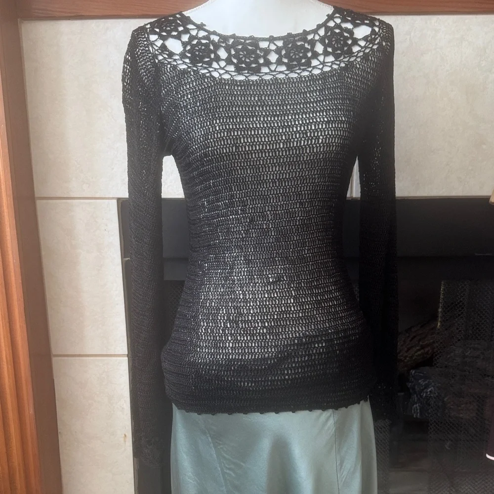 BCBGMaxAzria Black Open Knit Crochet Top - Picture 1 of 2